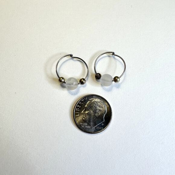 NWOT surgical steel silver clear beaded hoop huggie earrings - Picture 2 of 3